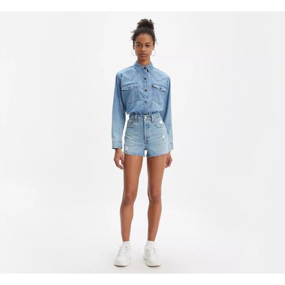 LEVIS Pants - LEVIS Light Wash Ribcage Shorts Five Button Fly Distressed Hemline Shorts 31